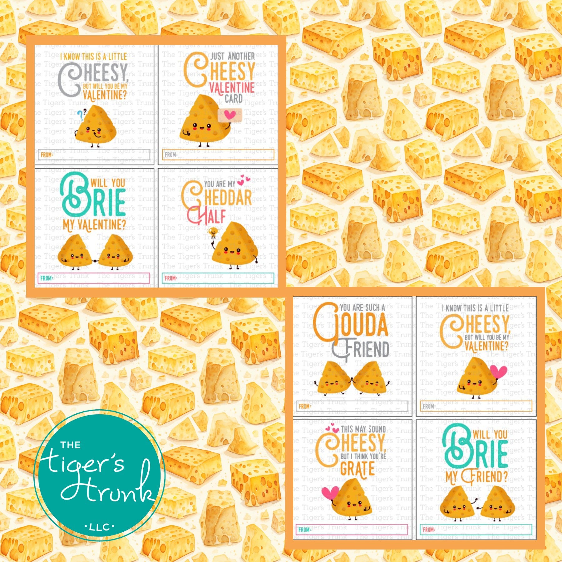 Printable funny Valentine tags with cheese puns, instant download snack gift tags for classroom, kids, and Valentine exchanges.