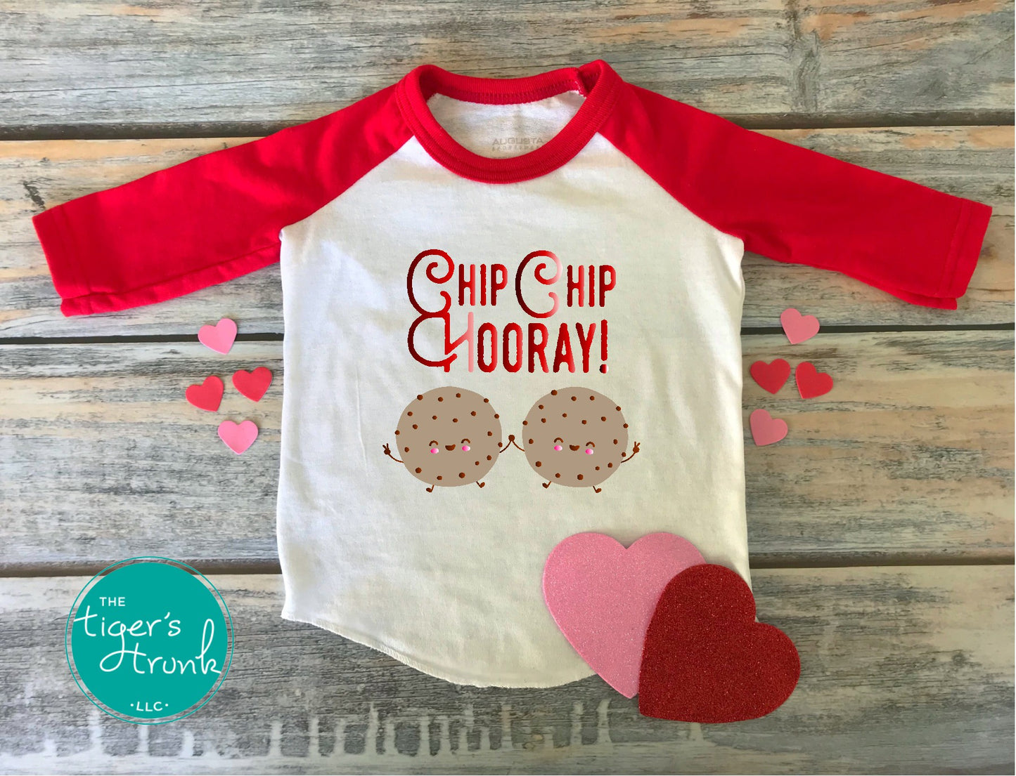 Valentine’s Day t-shirt featuring the phrase "Chip Chip Hooray" with a cookie design, perfect for kids and festive celebrations.