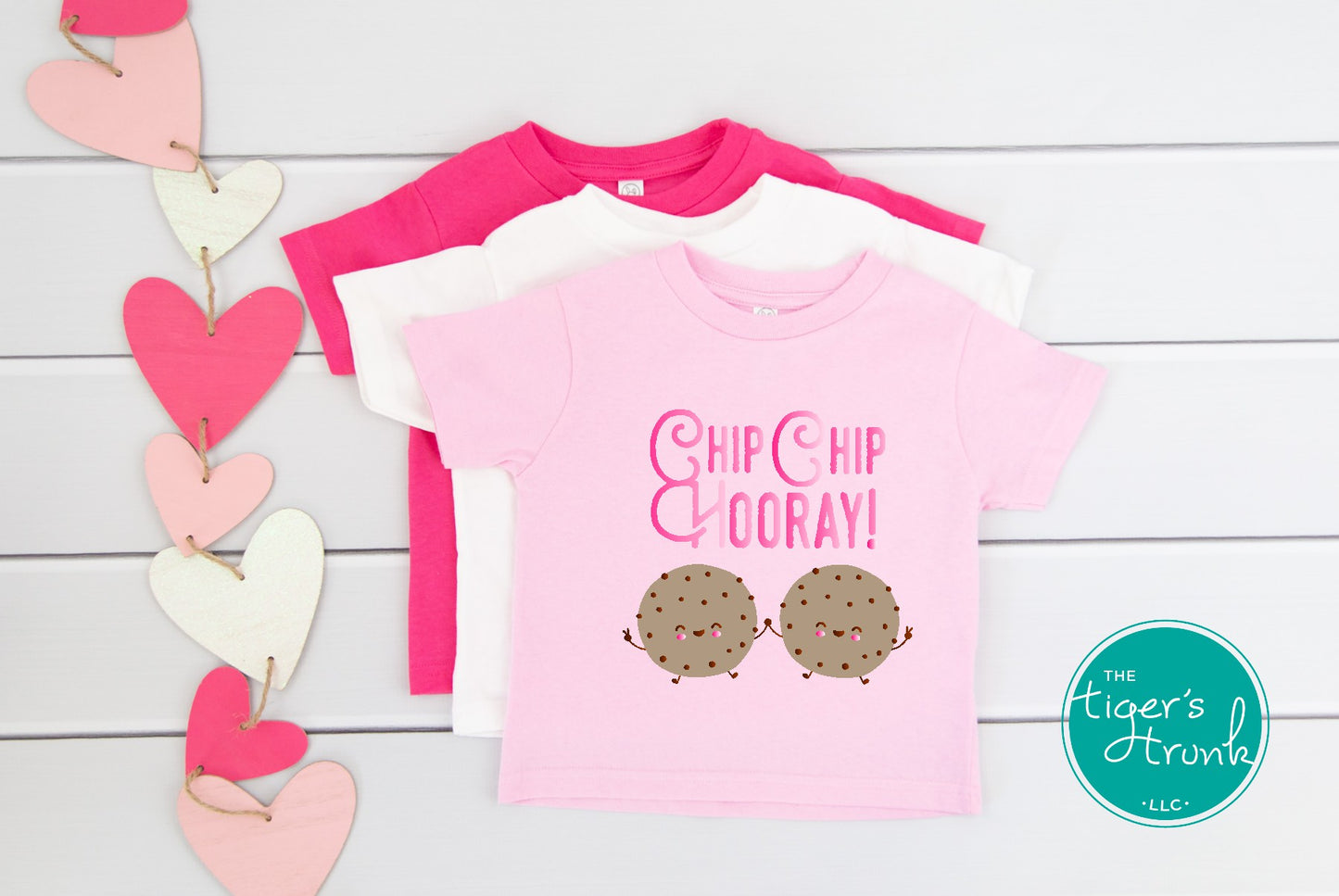 Valentine’s Day t-shirt featuring the phrase "Chip Chip Hooray" with a cookie design, perfect for kids and festive celebrations.