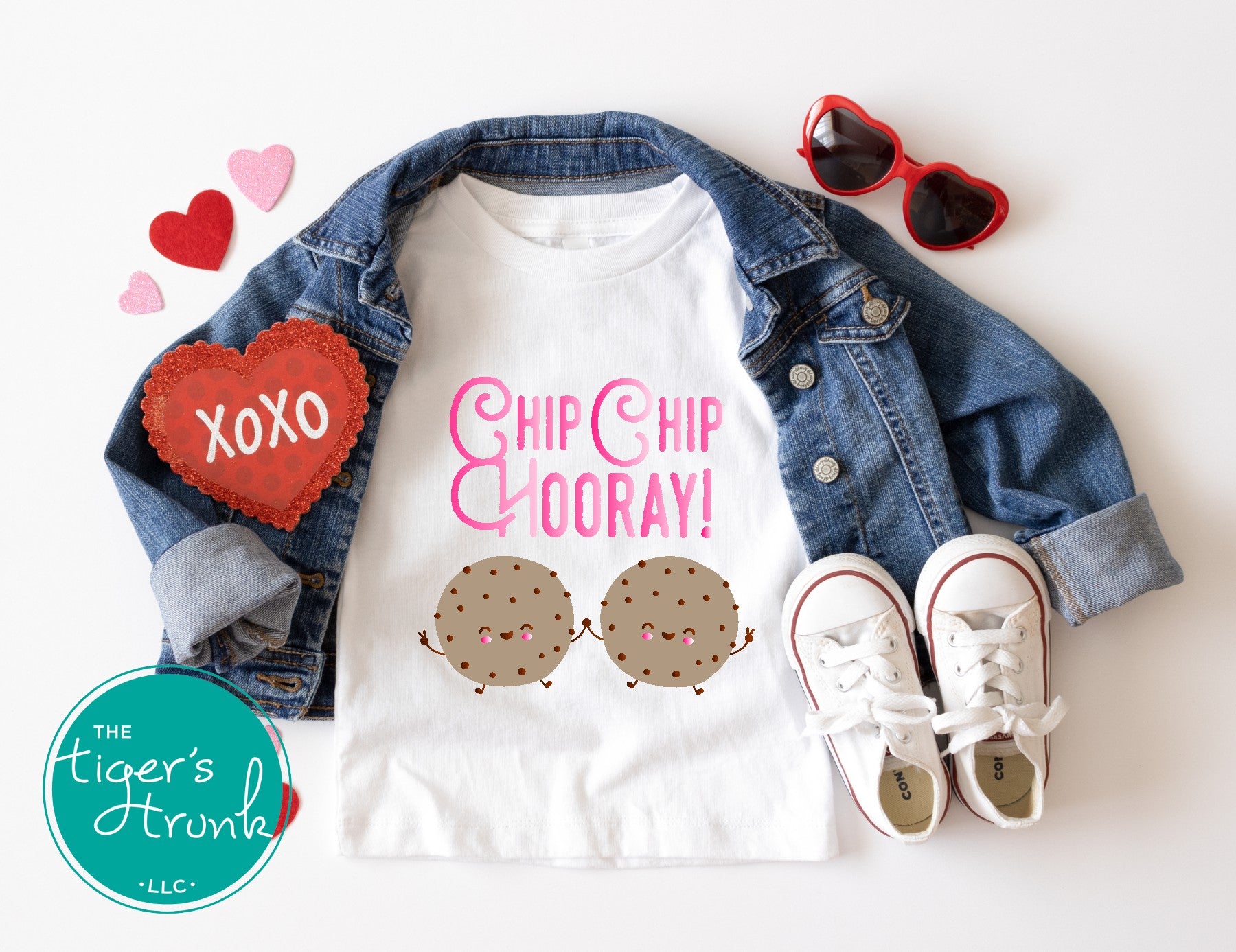 Valentine’s Day t-shirt featuring the phrase "Chip Chip Hooray" with a cookie design, perfect for kids and festive celebrations.