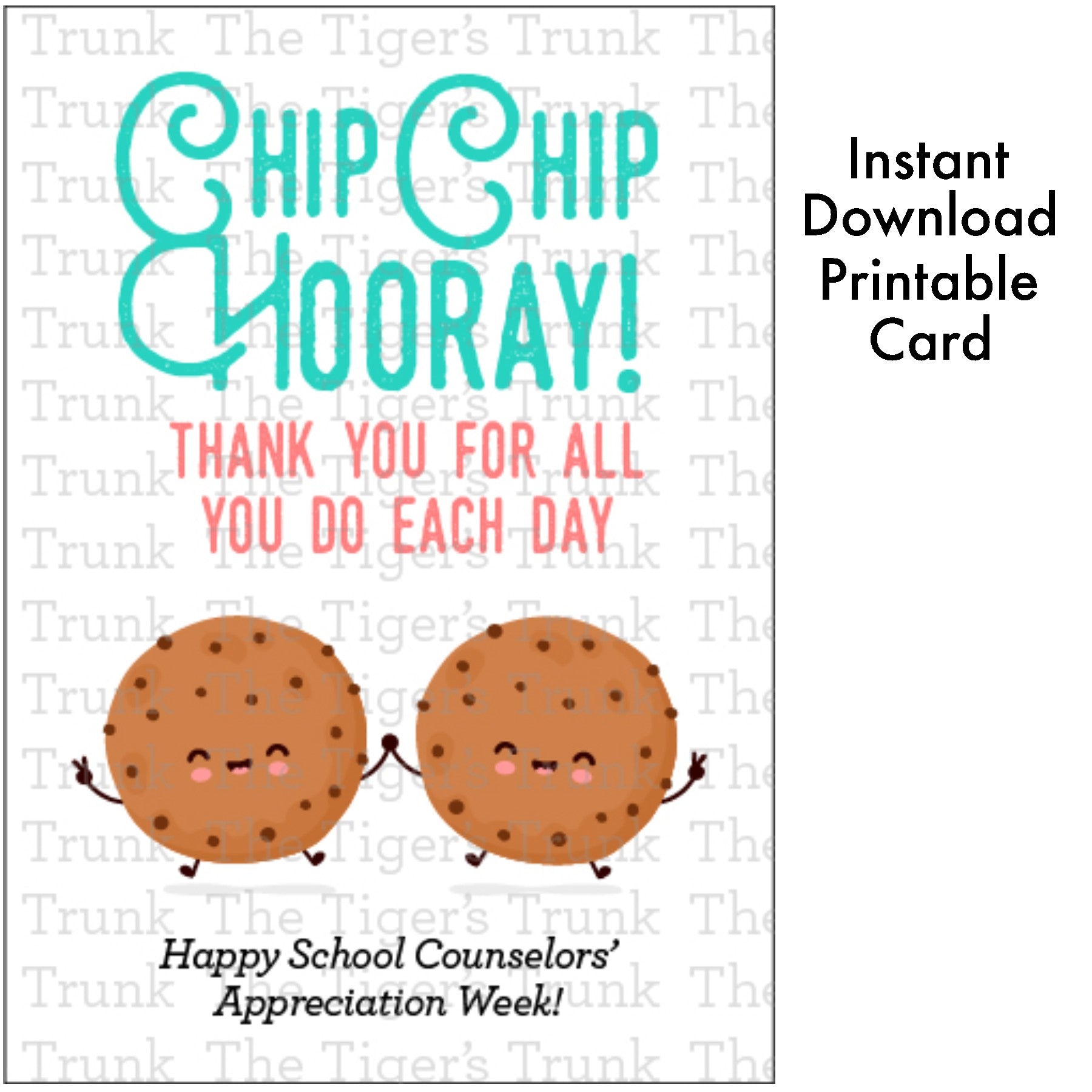 Printable cookie-themed thank you card for school counselors and staff, perfect for appreciation gifts.