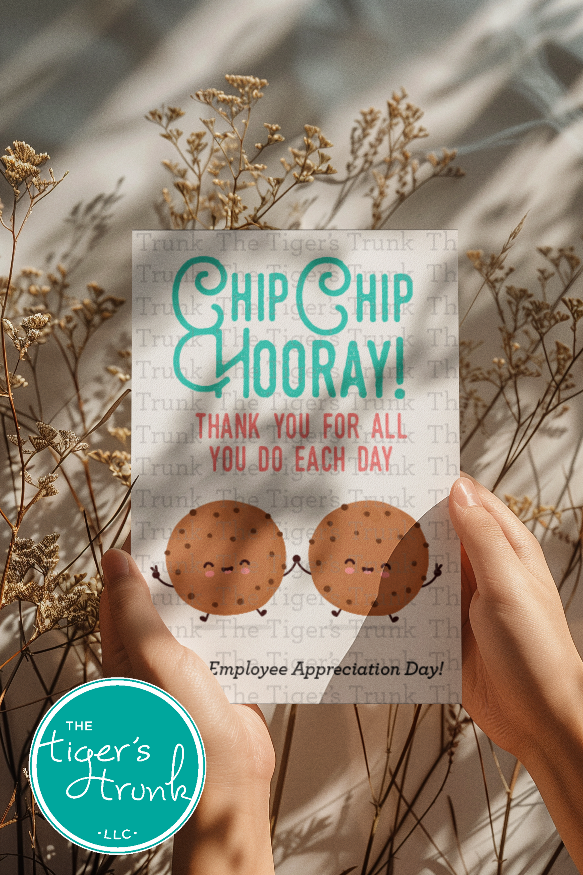 Printable employee appreciation card with a cookie-themed design and Hooray! Thank You for All You Do Each Day! message