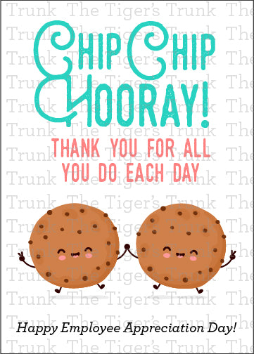 Printable employee appreciation card with a cookie-themed design and Hooray! Thank You for All You Do Each Day! message