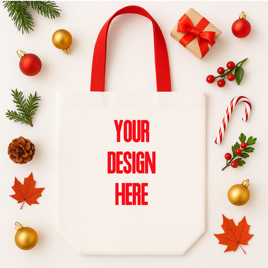 White Canvas Tote Bag Mockup with Christmas Decor PNG