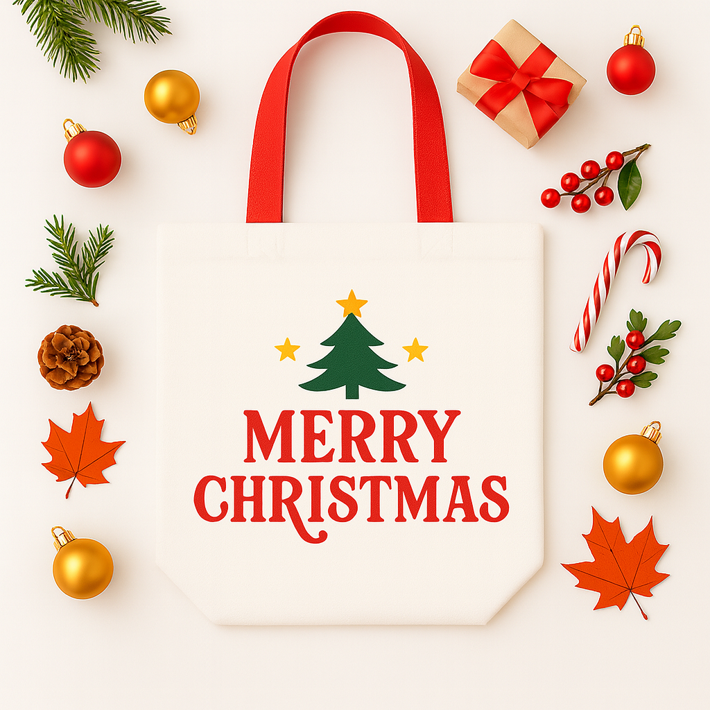 White Canvas Tote Bag Mockup with Christmas Decor PNG