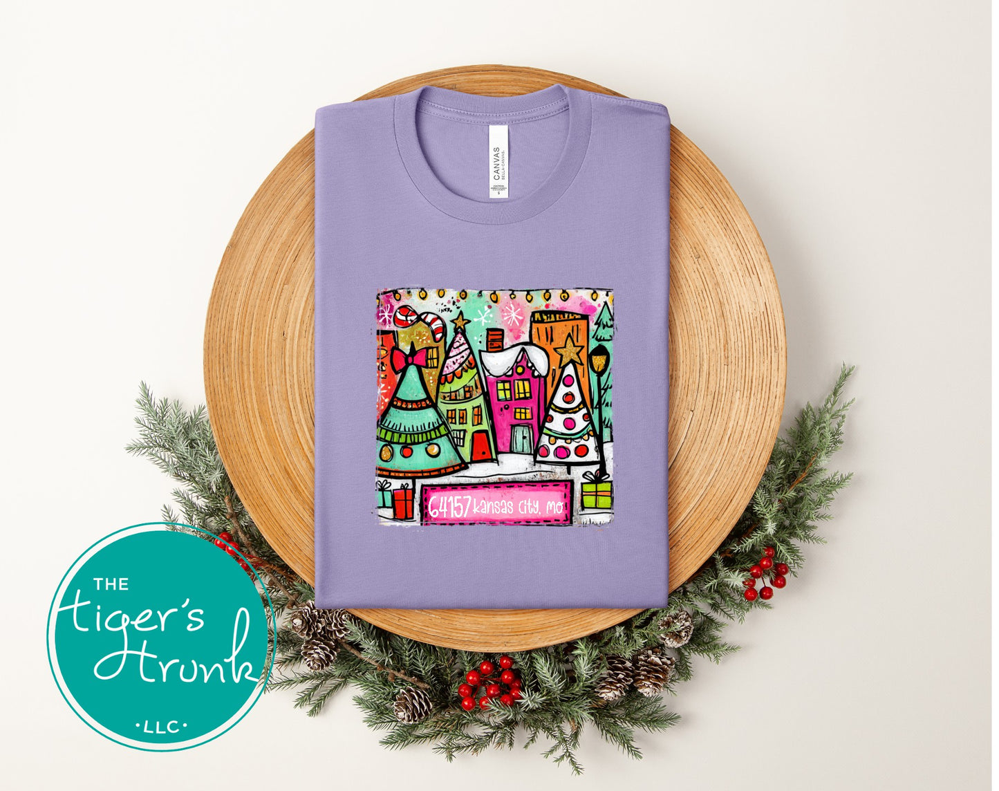 Dark lavender Christmas town shirt with bright festive houses and custom ZIP code 64157 Kansas City MO