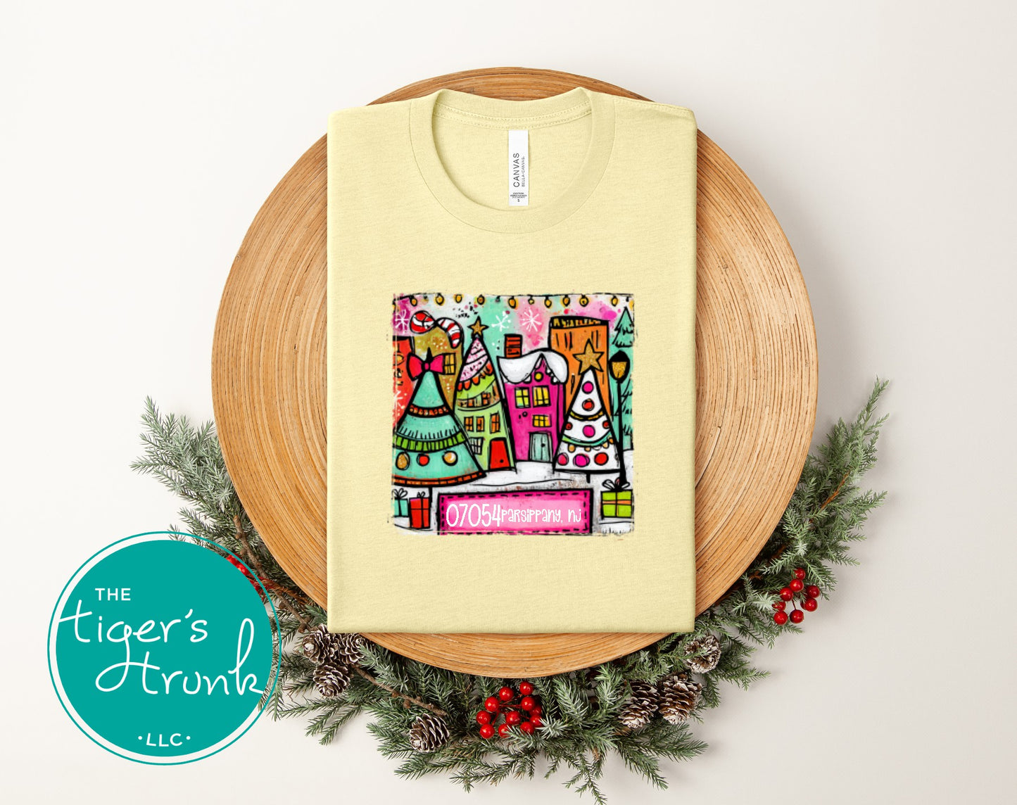 French vanilla Christmas village shirt with colorful houses and custom ZIP code 07054 Parsippany NJ