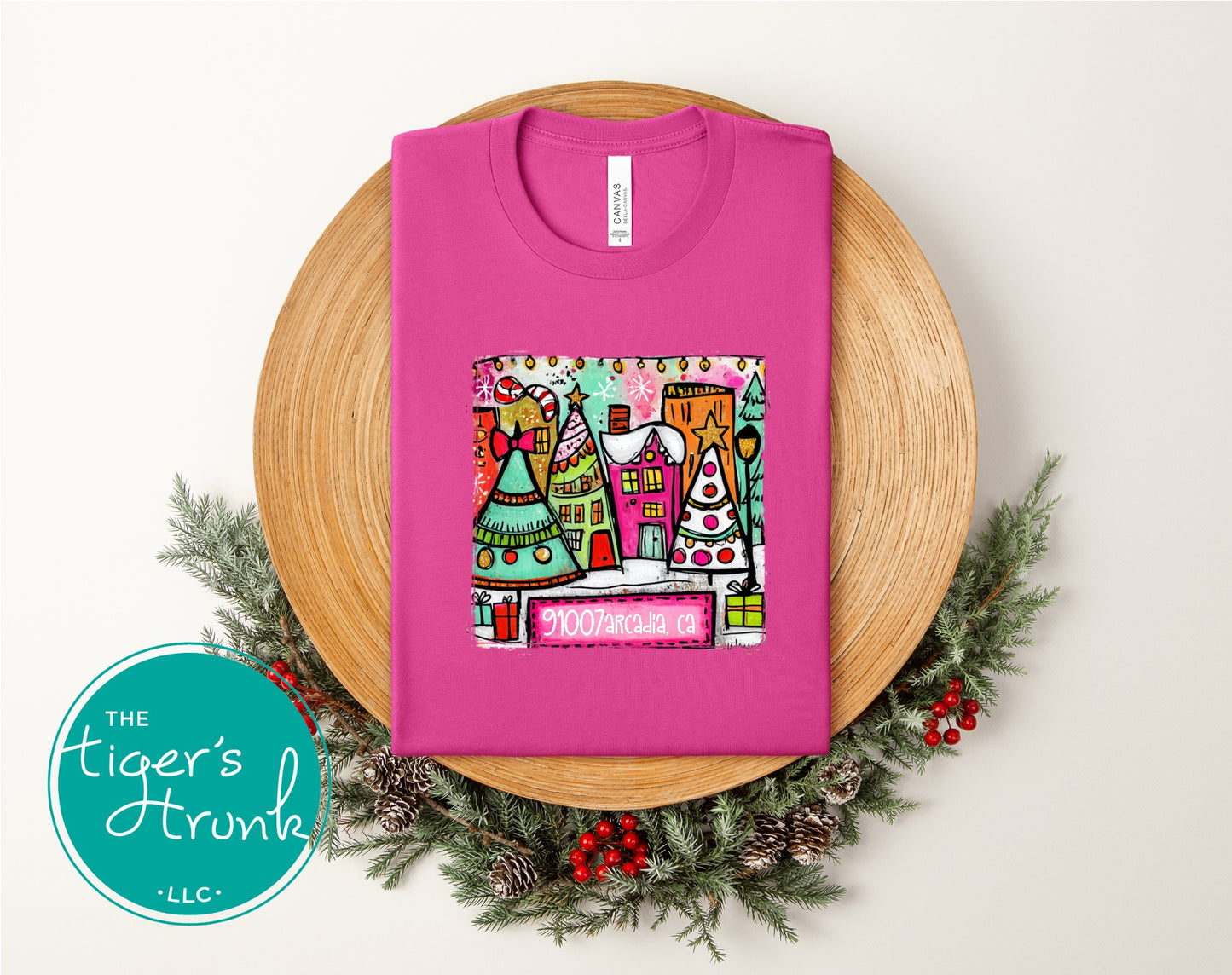 Hot pink Christmas village shirt with colorful houses and personalized ZIP code 91007 Arcadia CA
