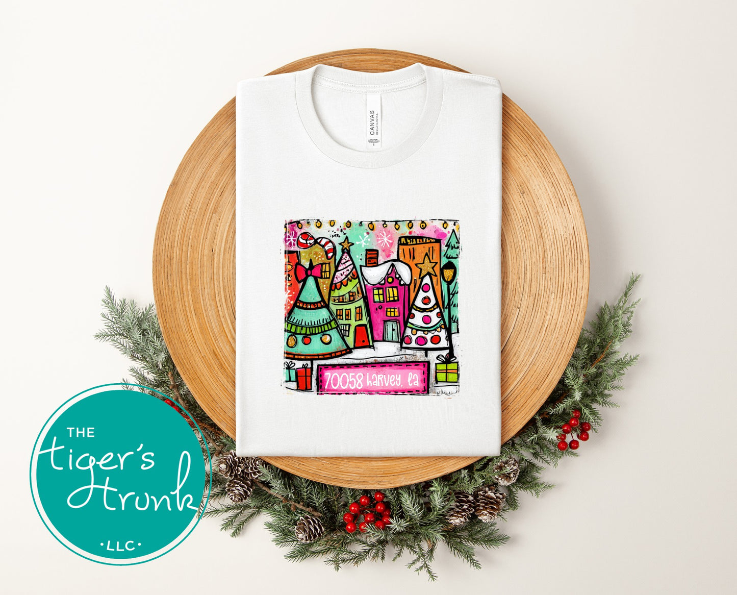 White Christmas village shirt with vibrant holiday houses and ZIP code 70058 Harvey LA