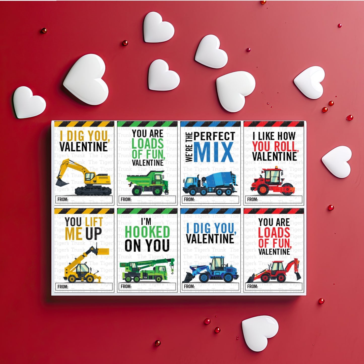 Valentine’s cards with a construction theme and messages like "I Dig You" and "You Lift Me Up," perfect for kids.