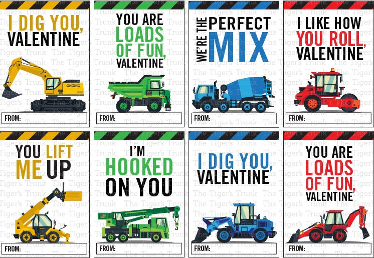 Valentine’s cards with a construction theme and messages like "I Dig You" and "You Lift Me Up," perfect for kids.