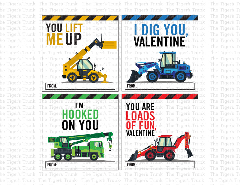 Construction-themed Valentine’s tags with messages like "I Dig You" and "You Lift Me Up," perfect for treat bags and kids’ exchanges.