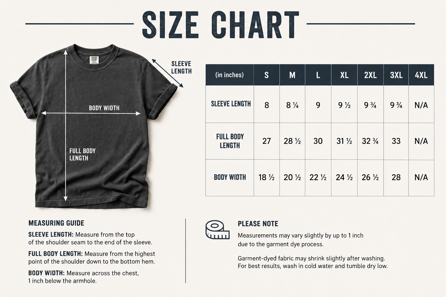 Size chart for a t-shirt with measurements and a black t-shirt on a white background