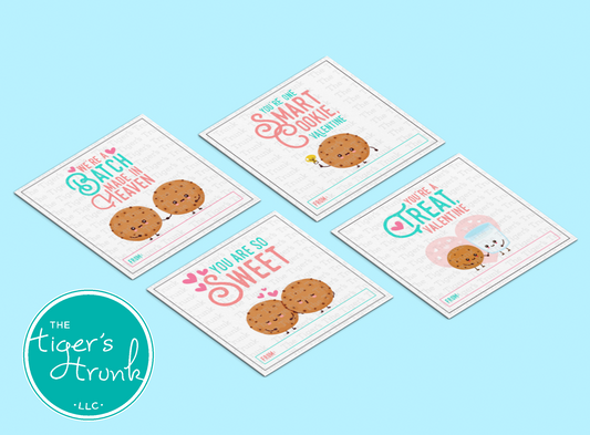 Digital download cookie-themed Valentine tags for kids, featuring fun designs and phrases, perfect for DIY classroom exchanges.