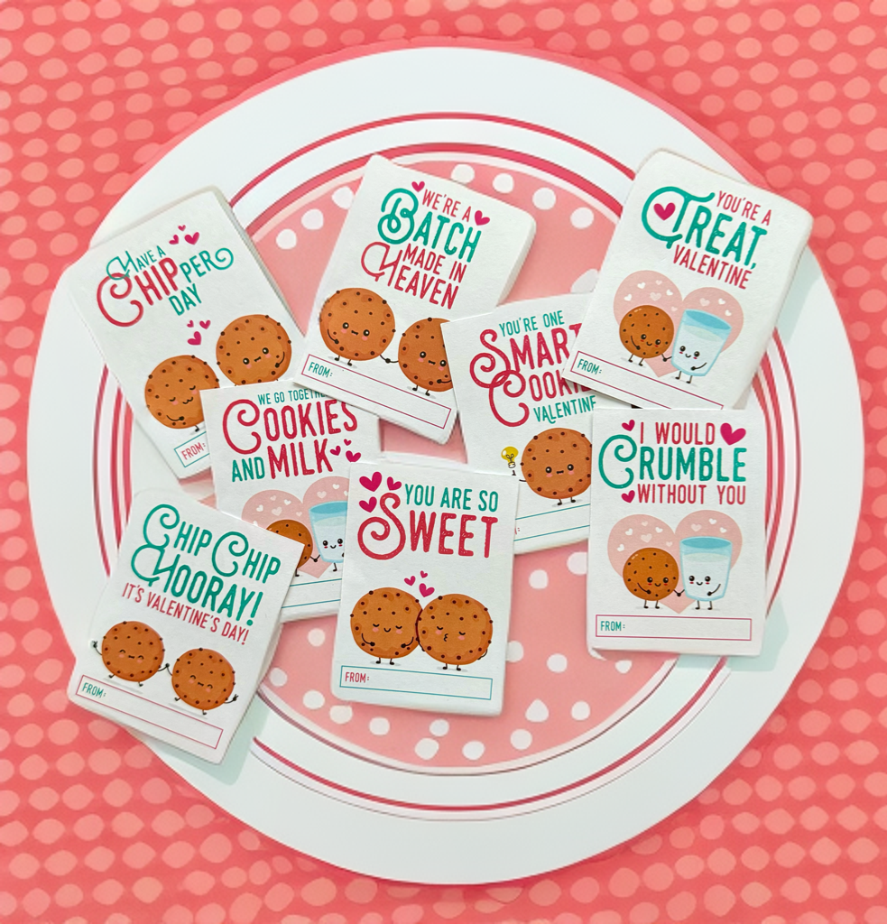 Set of printed cookie-themed Valentine cards featuring fun designs and playful phrases, perfect for kids and classroom exchanges.