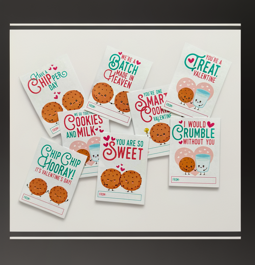 Set of printed cookie-themed Valentine cards featuring fun designs and playful phrases, perfect for kids and classroom exchanges.