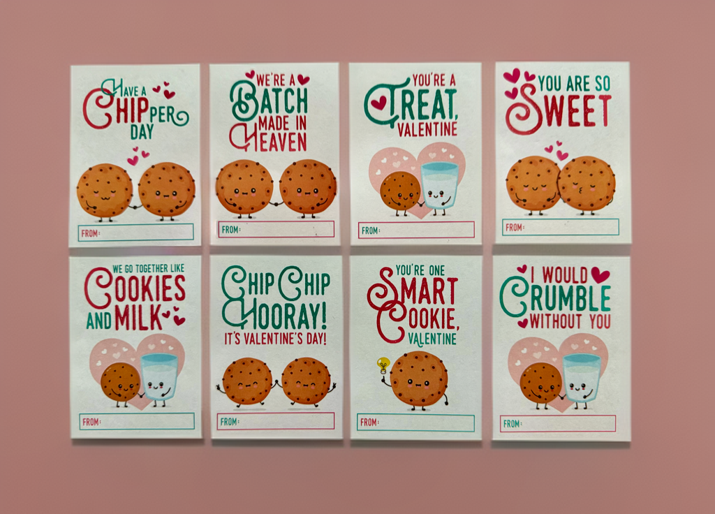 Set of printed cookie-themed Valentine cards featuring fun designs and playful phrases, perfect for kids and classroom exchanges.