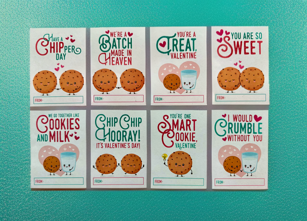 Set of printed cookie-themed Valentine cards featuring fun designs and playful phrases, perfect for kids and classroom exchanges.