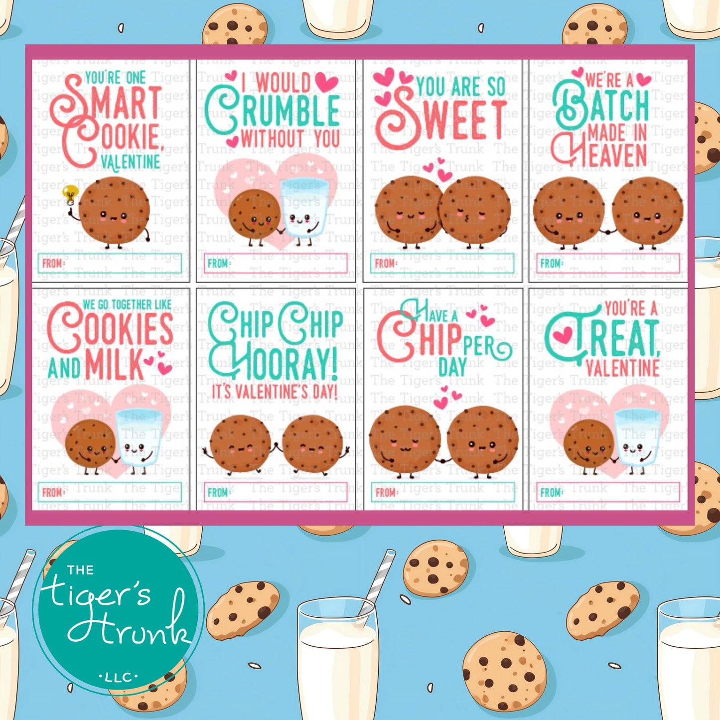 Digital download cookie-themed Valentine cards for kids, featuring fun designs and phrases, perfect for DIY classroom exchanges.