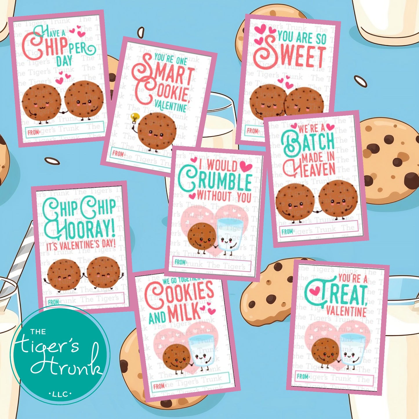 Digital download cookie-themed Valentine cards for kids, featuring fun designs and phrases, perfect for DIY classroom exchanges.