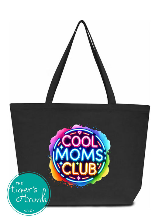 Neon Cool Mom's Club design on heavy-duty canvas tote bag with gusset and long handles, perfect gift for stylish moms