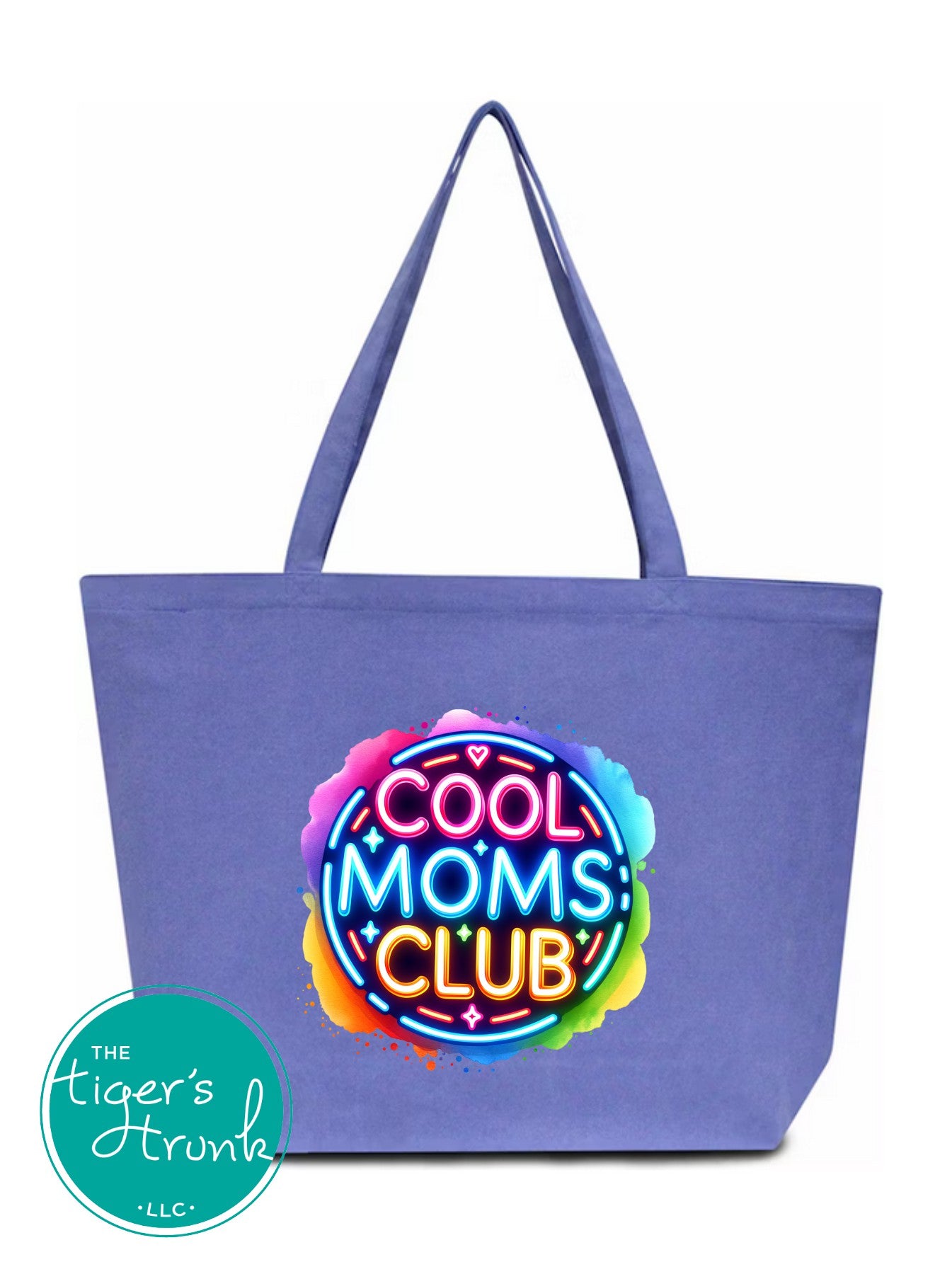 Neon Cool Mom's Club design on heavy-duty canvas tote bag with gusset and long handles, perfect gift for stylish moms