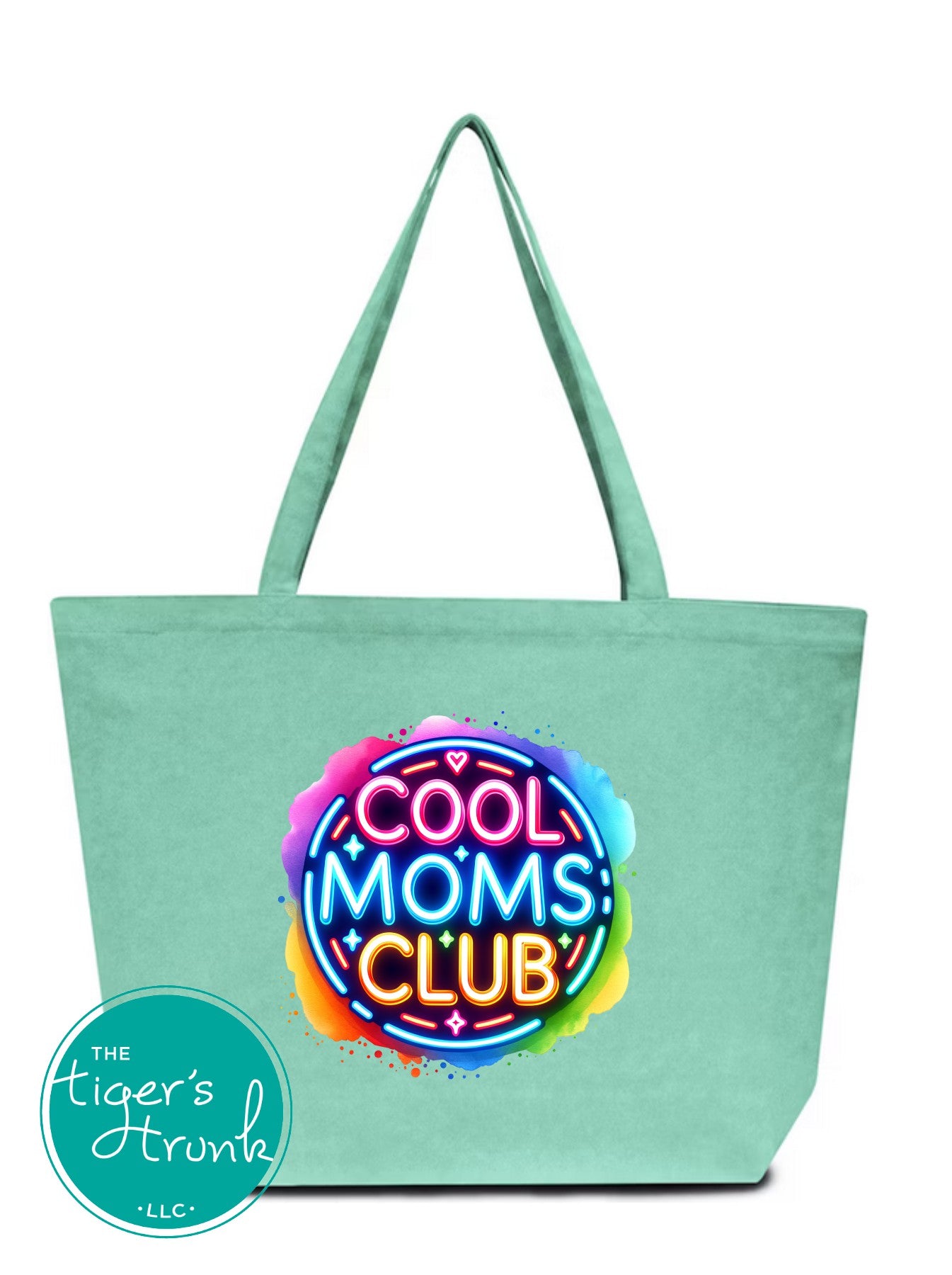 Neon Cool Mom's Club design on heavy-duty canvas tote bag with gusset and long handles, perfect gift for stylish moms
