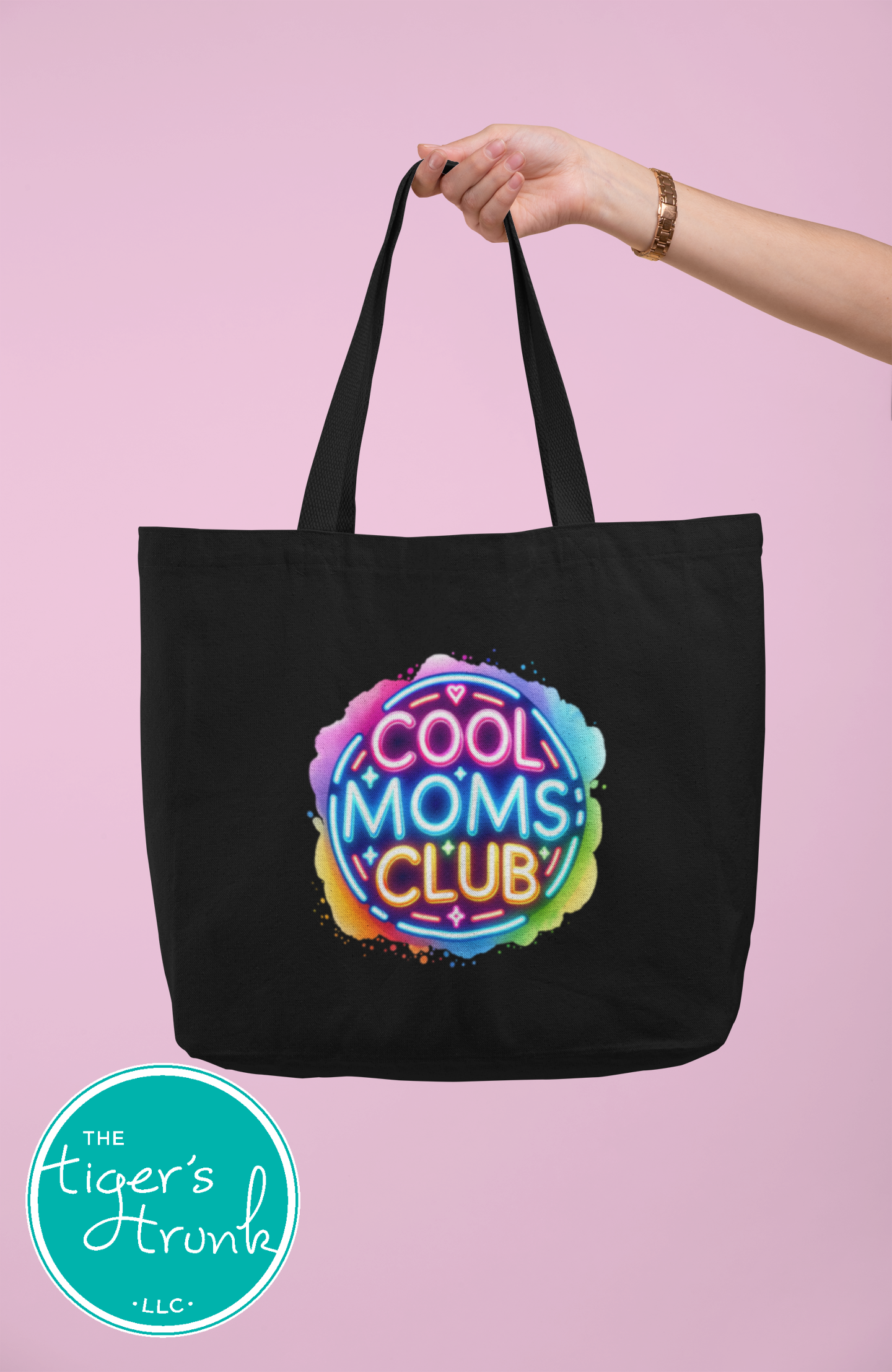 Neon Cool Mom's Club design on heavy-duty canvas tote bag with gusset and long handles, perfect gift for stylish moms