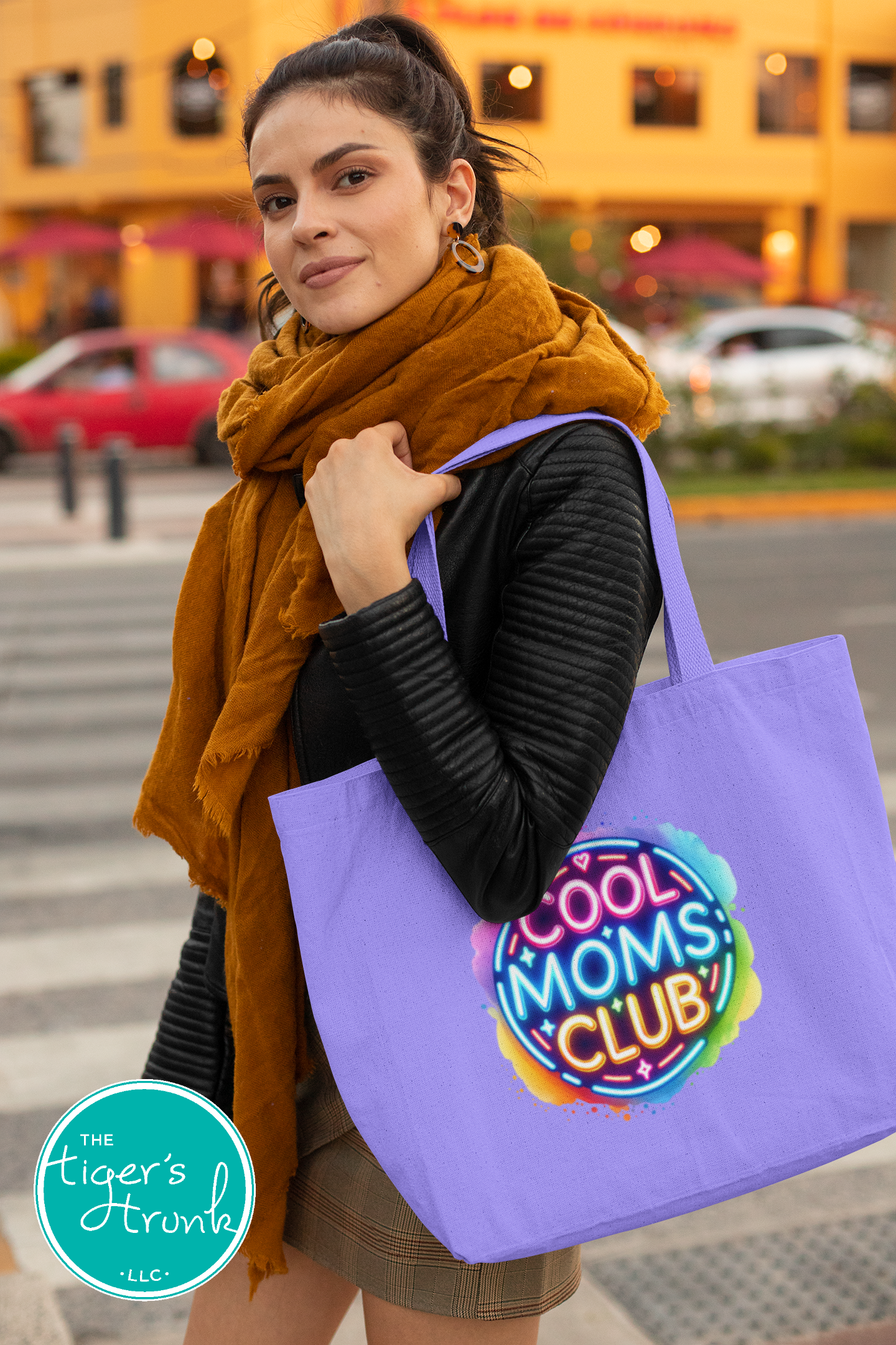 Neon Cool Mom's Club design on heavy-duty canvas tote bag with gusset and long handles, perfect gift for stylish moms