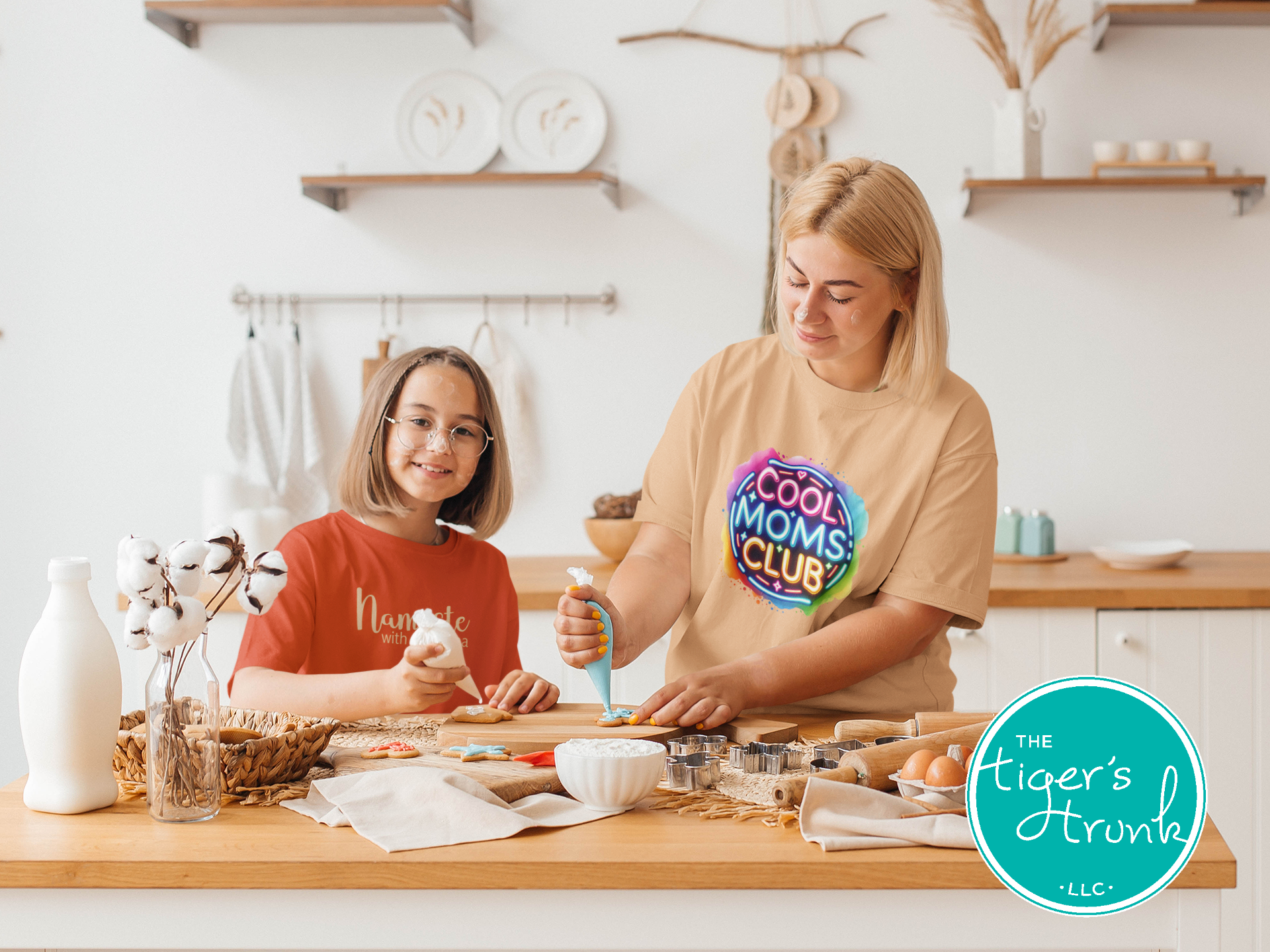 Graphic t-shirt with Cool Mom's Club text in neon colors, fun and trendy design for stylish moms
