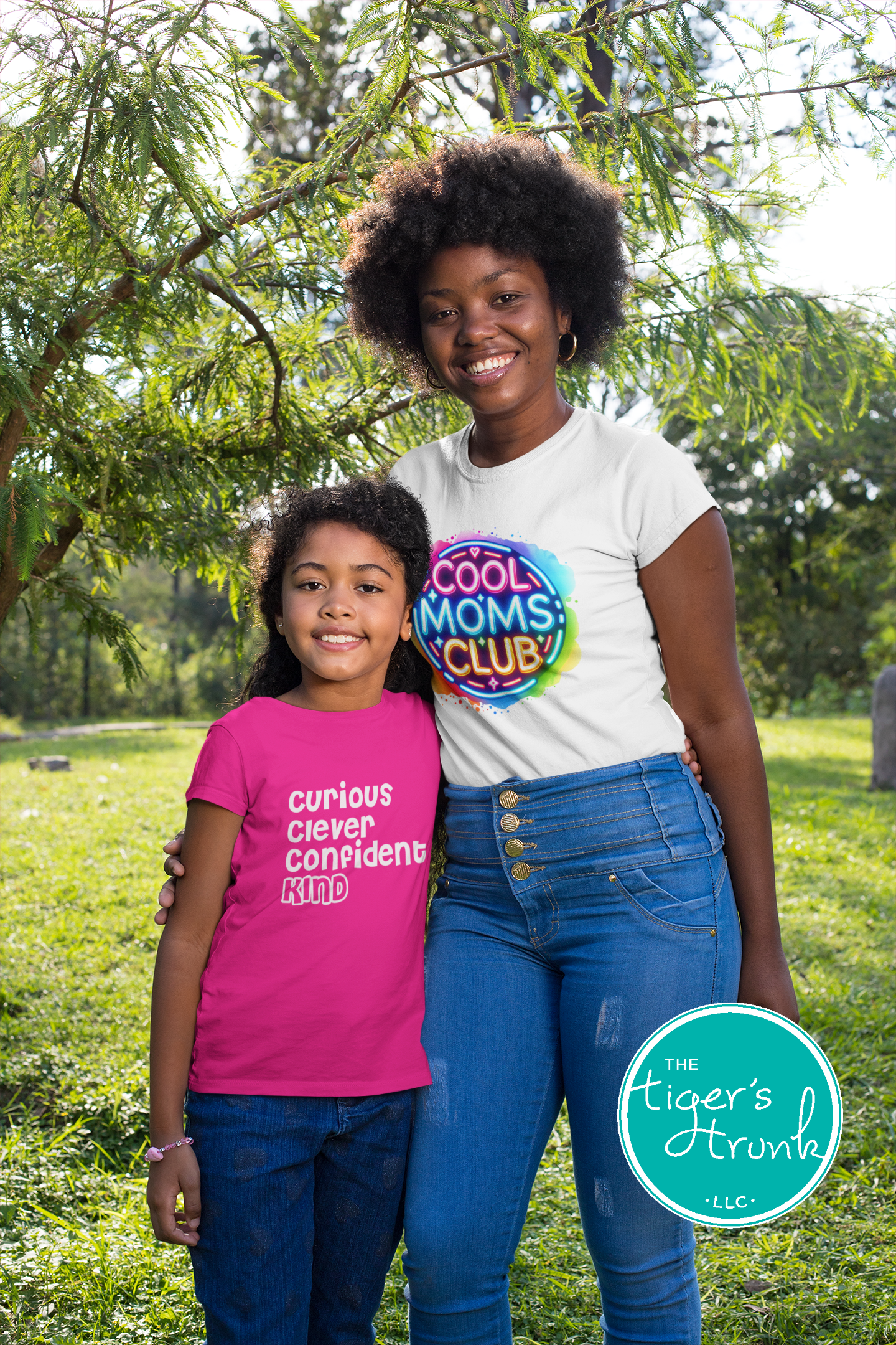 Graphic t-shirt with Cool Mom's Club text in neon colors, fun and trendy design for stylish moms