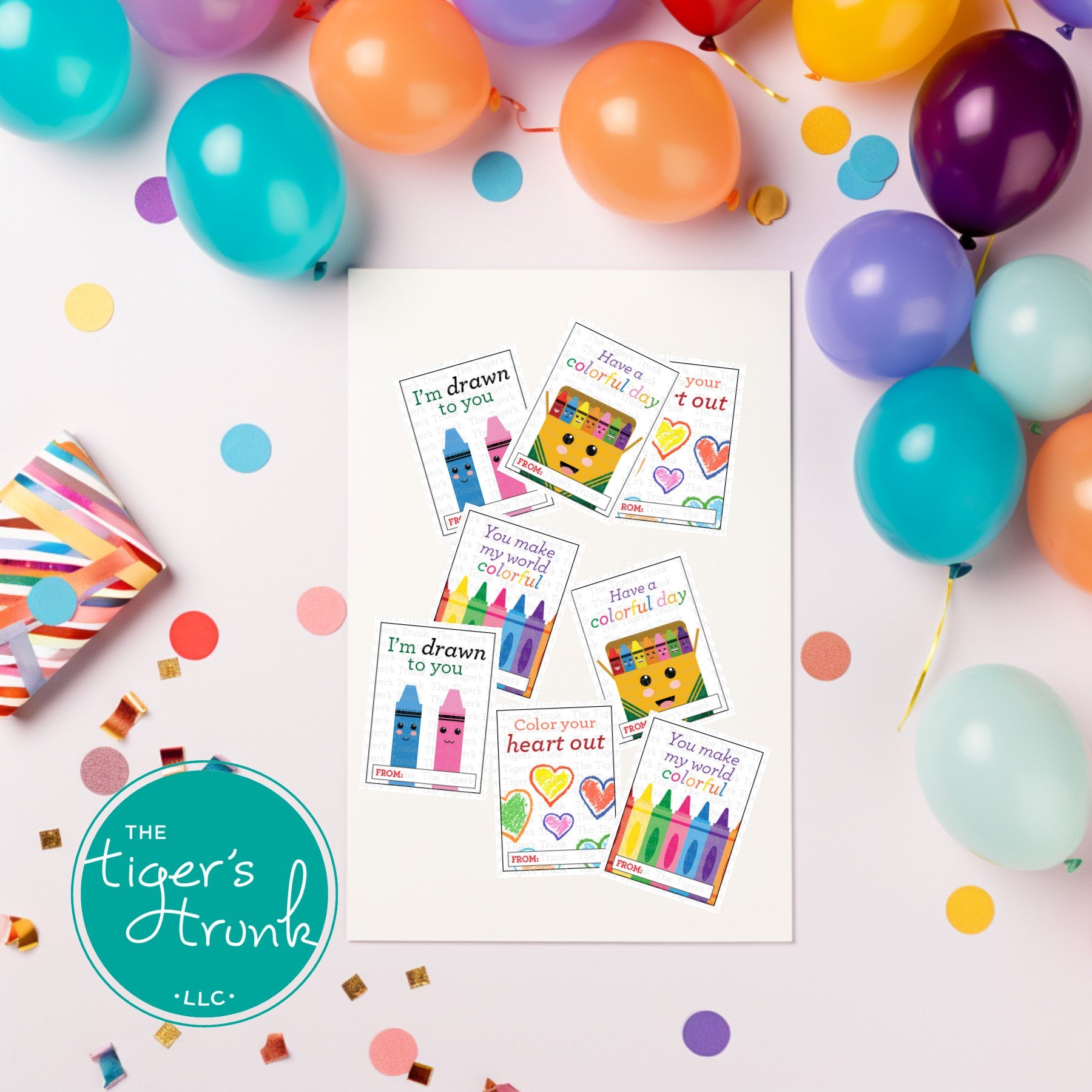 Printable crayon-themed thank you cards for birthday goody bags, vibrant and colorful, perfect for kids’ parties.