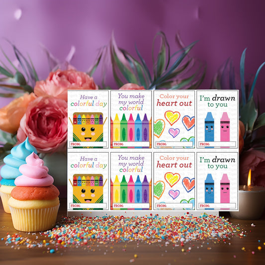 Printable crayon-themed thank you cards for birthday goody bags, vibrant and colorful, perfect for kids’ parties.