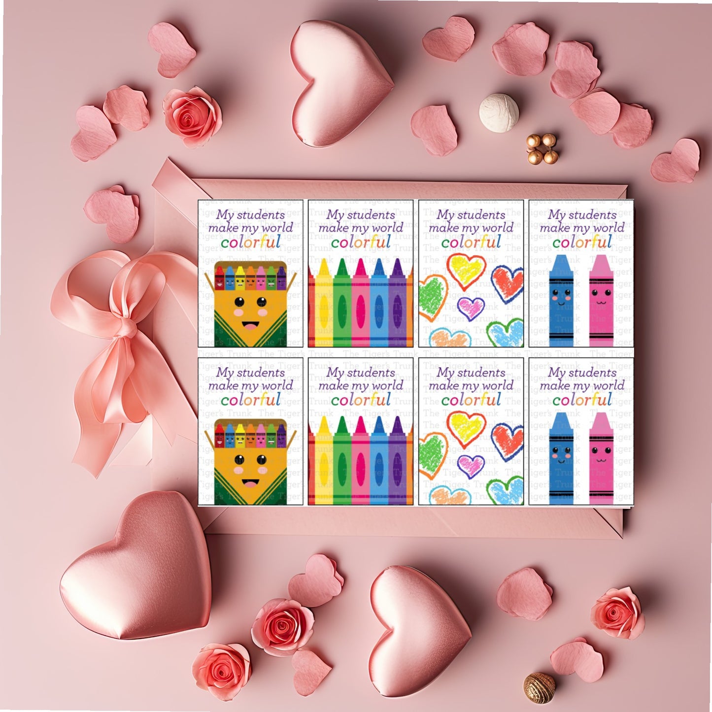 Crayon-themed Valentine cards for teachers to give to students, vibrant and colorful, available as an instant download.