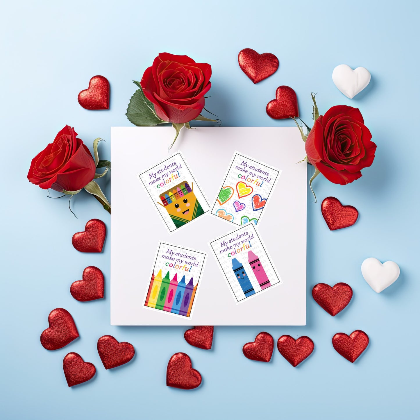 Crayon-themed Valentine cards for teachers to give to students, vibrant and colorful, available as an instant download.