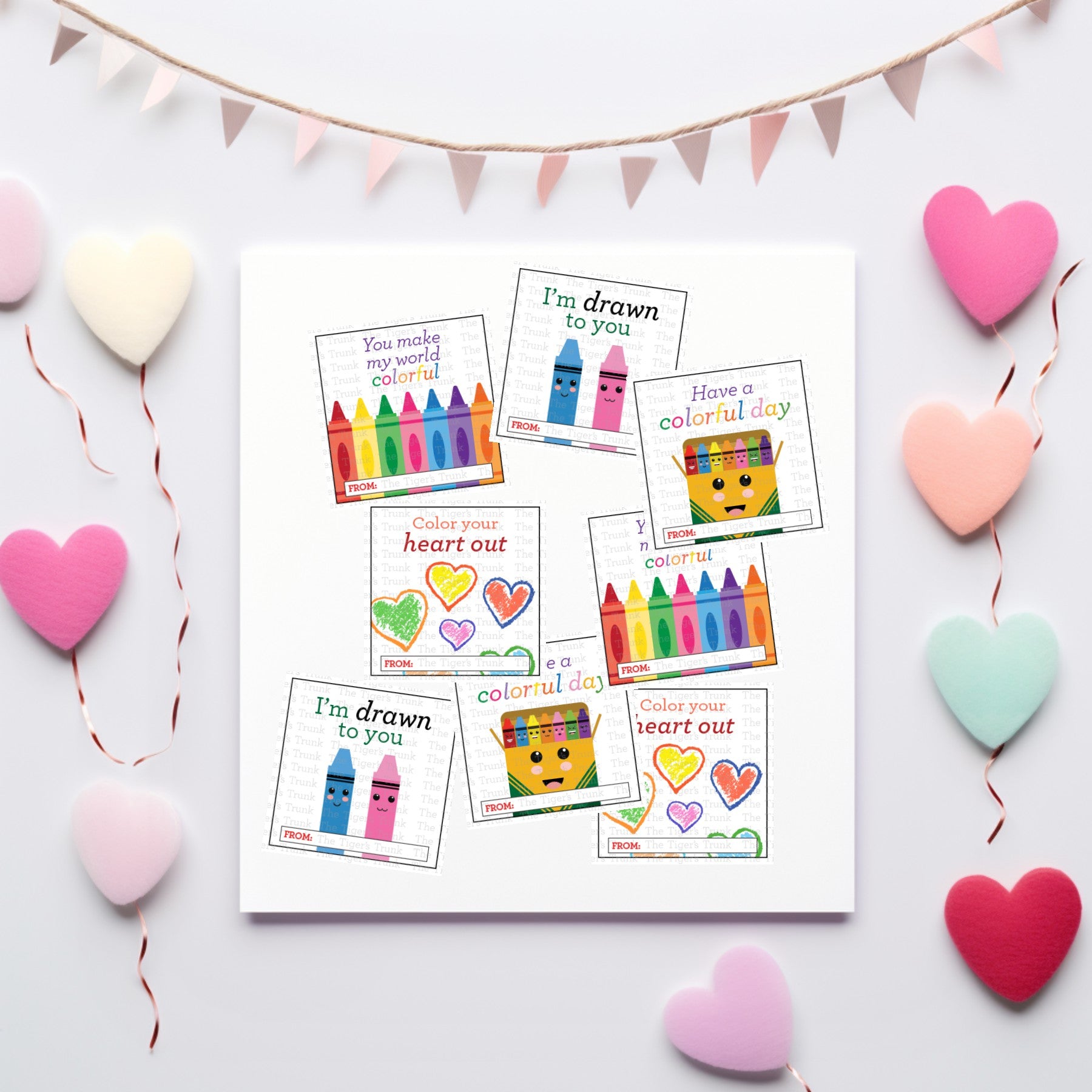 Digital download crayon-themed Valentine square tags featuring vibrant designs and playful phrases, perfect for kids.