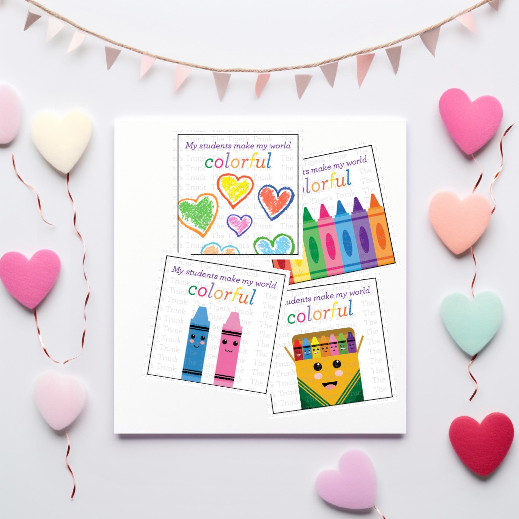 Printable crayon-themed Valentine tags for teachers to give to students, vibrant and colorful, instant download.