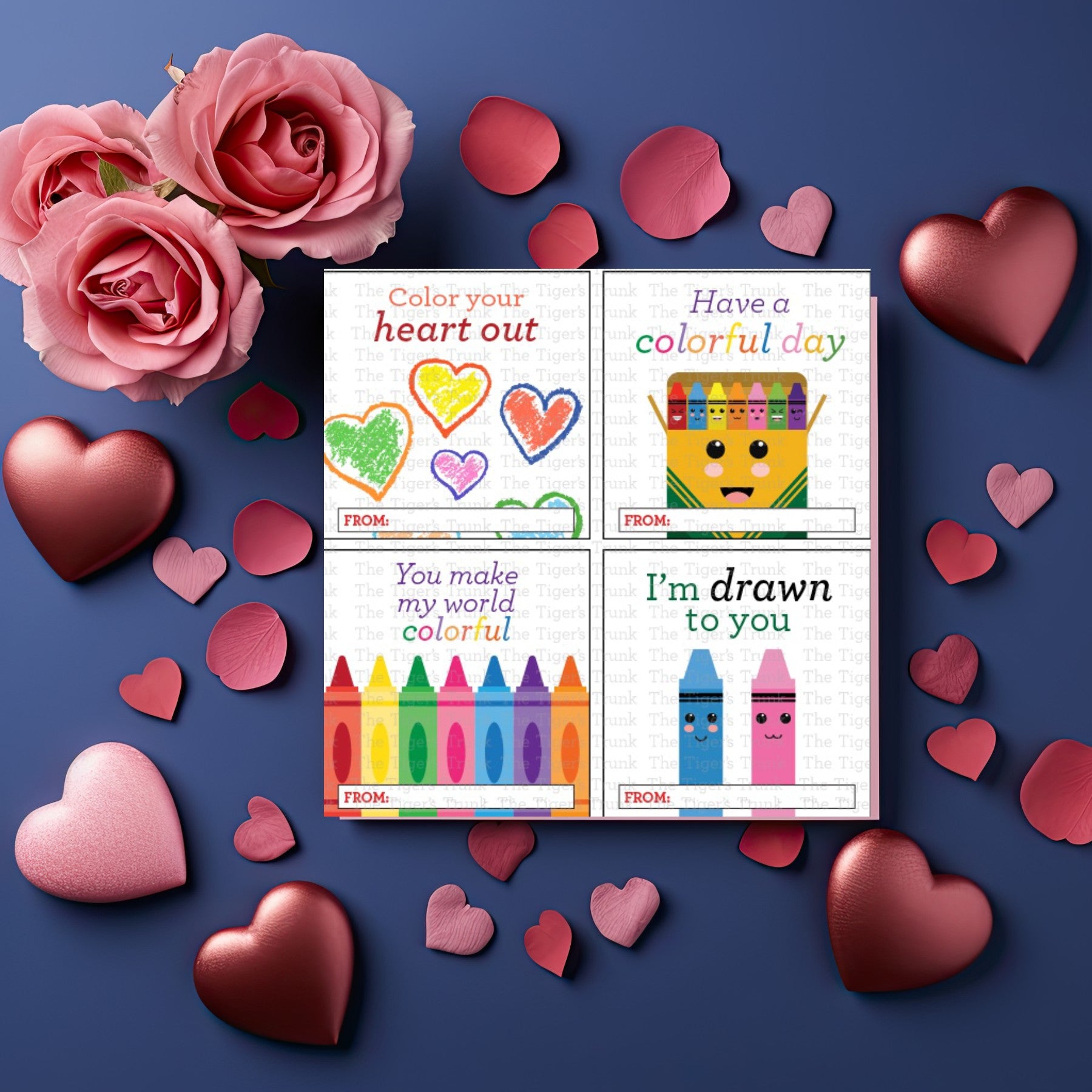 Digital download crayon-themed Valentine square tags featuring vibrant designs and playful phrases, perfect for kids.