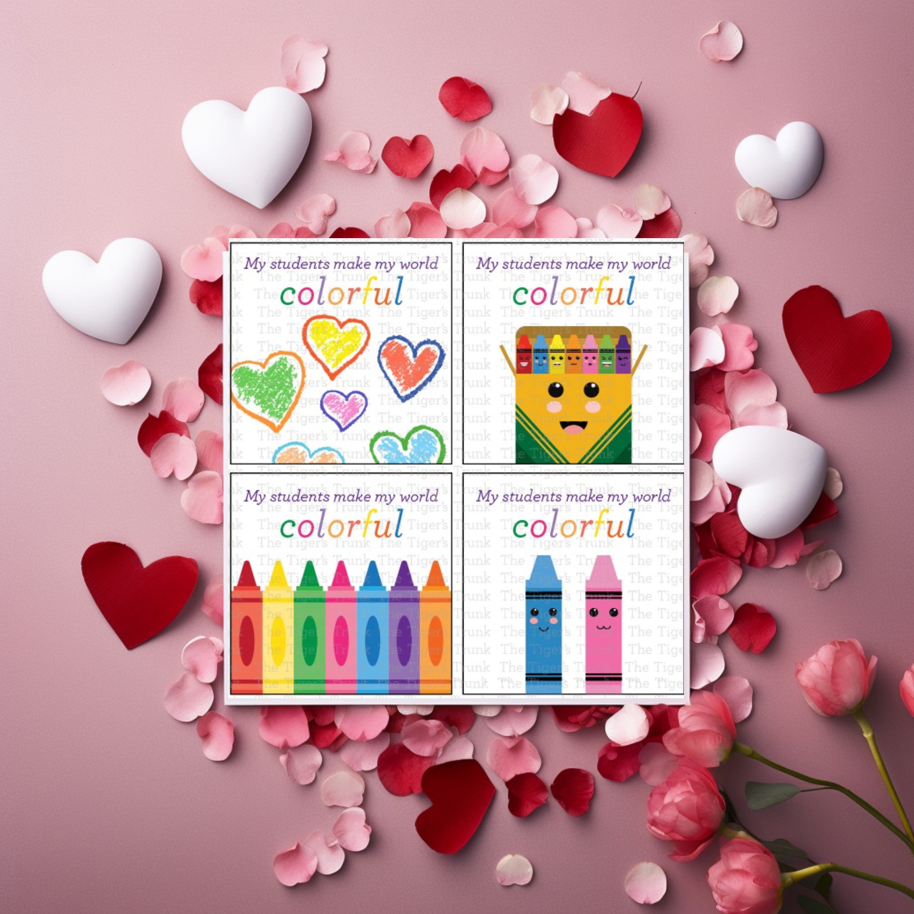 Printable crayon-themed Valentine tags for teachers to give to students, vibrant and colorful, instant download.