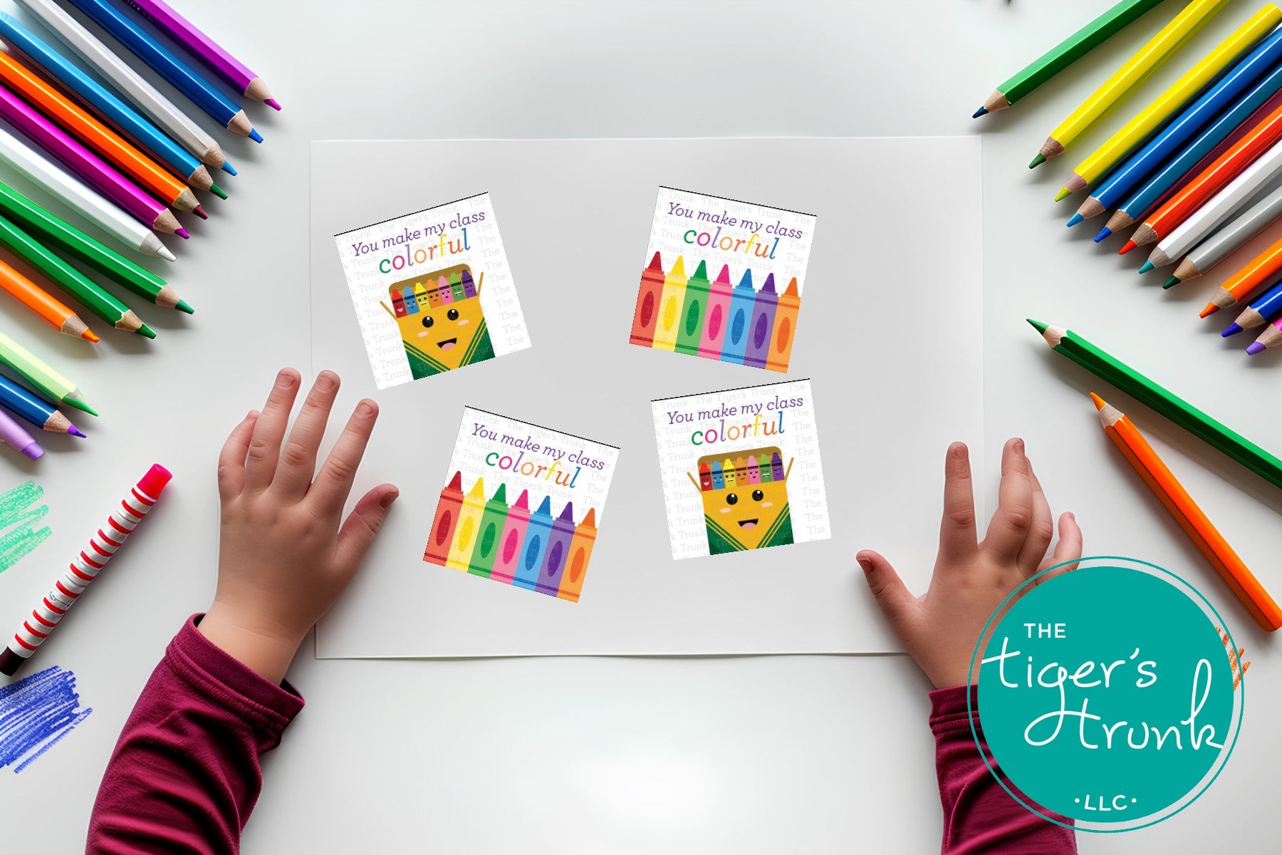 Back-to-school cards with a crayon theme featuring the message "You Make My Class Colorful," perfect for teachers to welcome students.