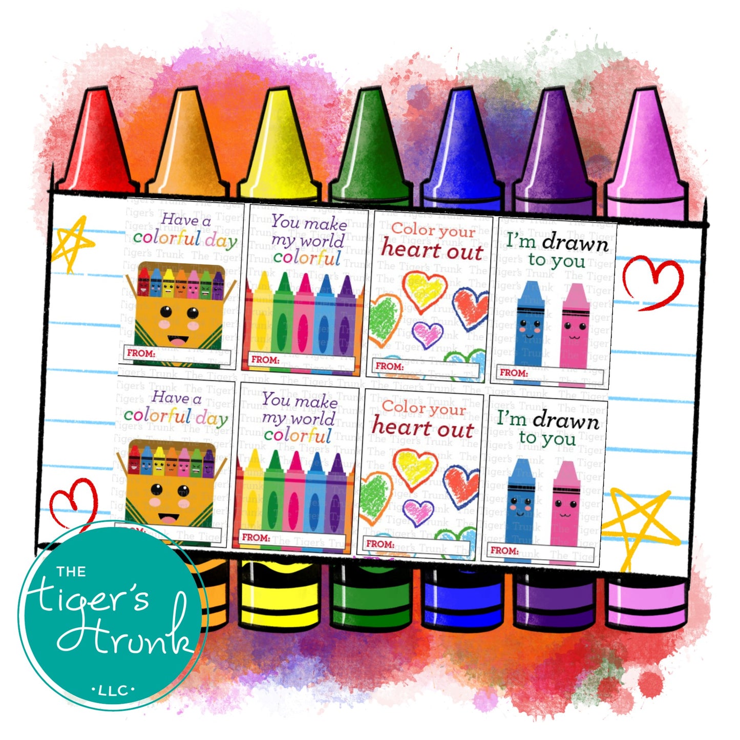 Digital download crayon-themed Valentine’s cards featuring vibrant designs and playful phrases, perfect for kids.