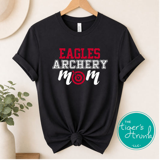 black archery mom shirt with personalized team name and custom colors displayed on knotted t-shirt