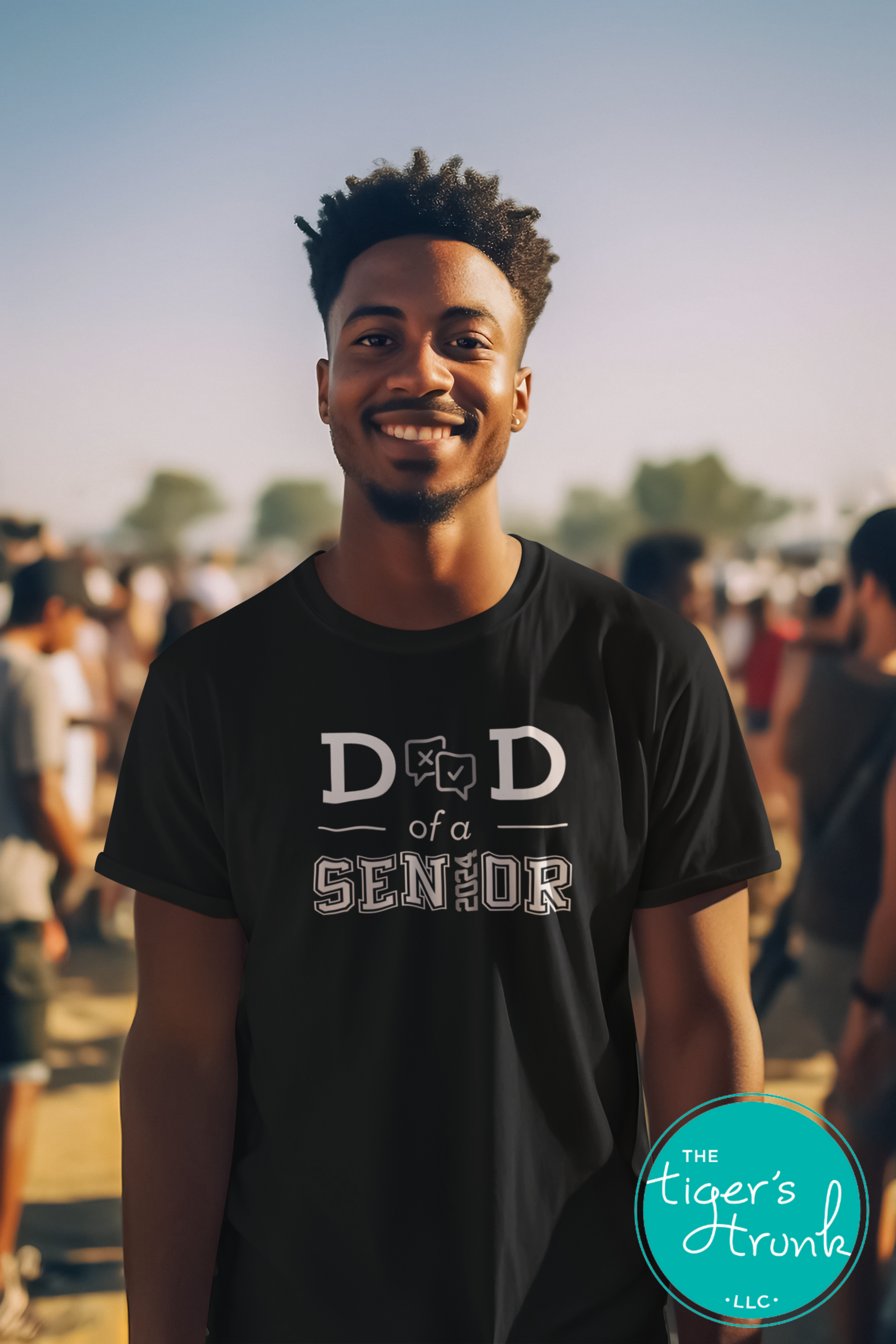 man wearing black debate team dad of a senior shirt personalized with team colors and graduation year