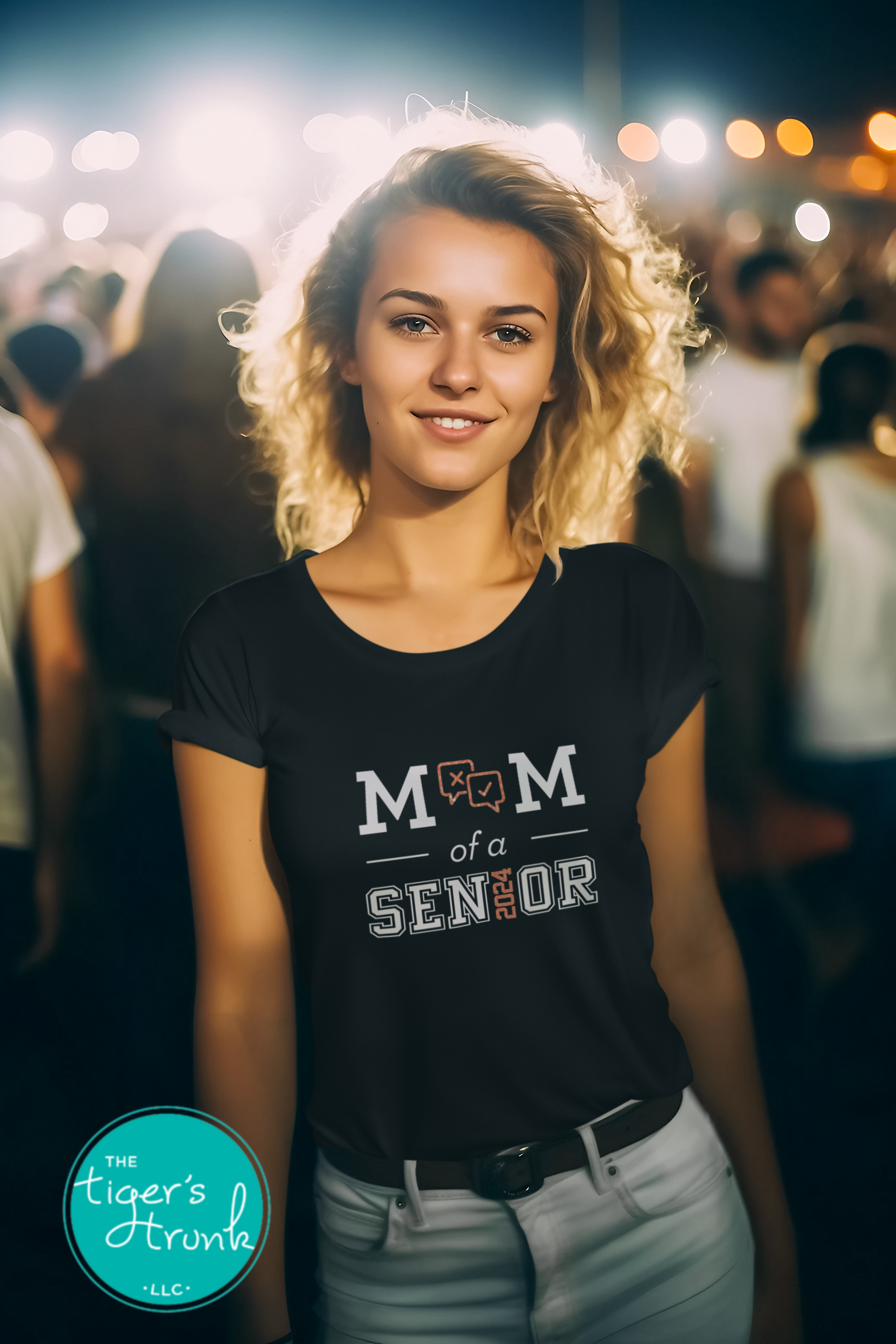 woman wearing black debate team mom of a senior shirt personalized with team colors and graduation year