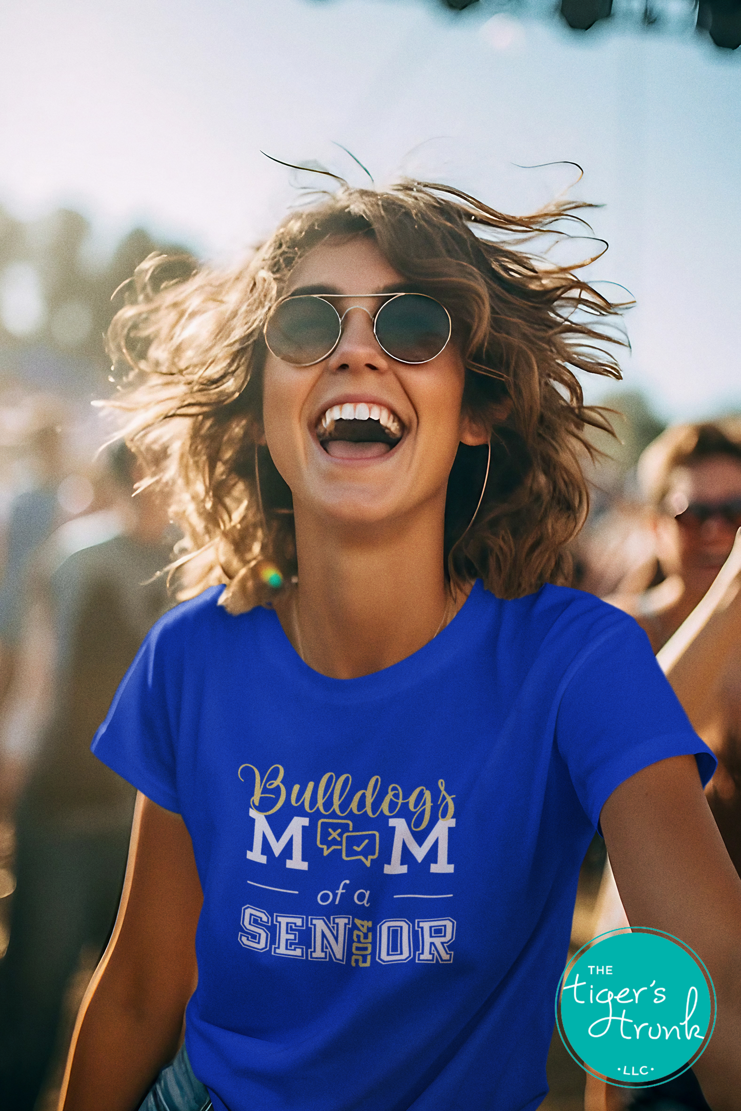 woman wearing royal blue debate team mom of a senior shirt personalized with mascot colors and graduation year