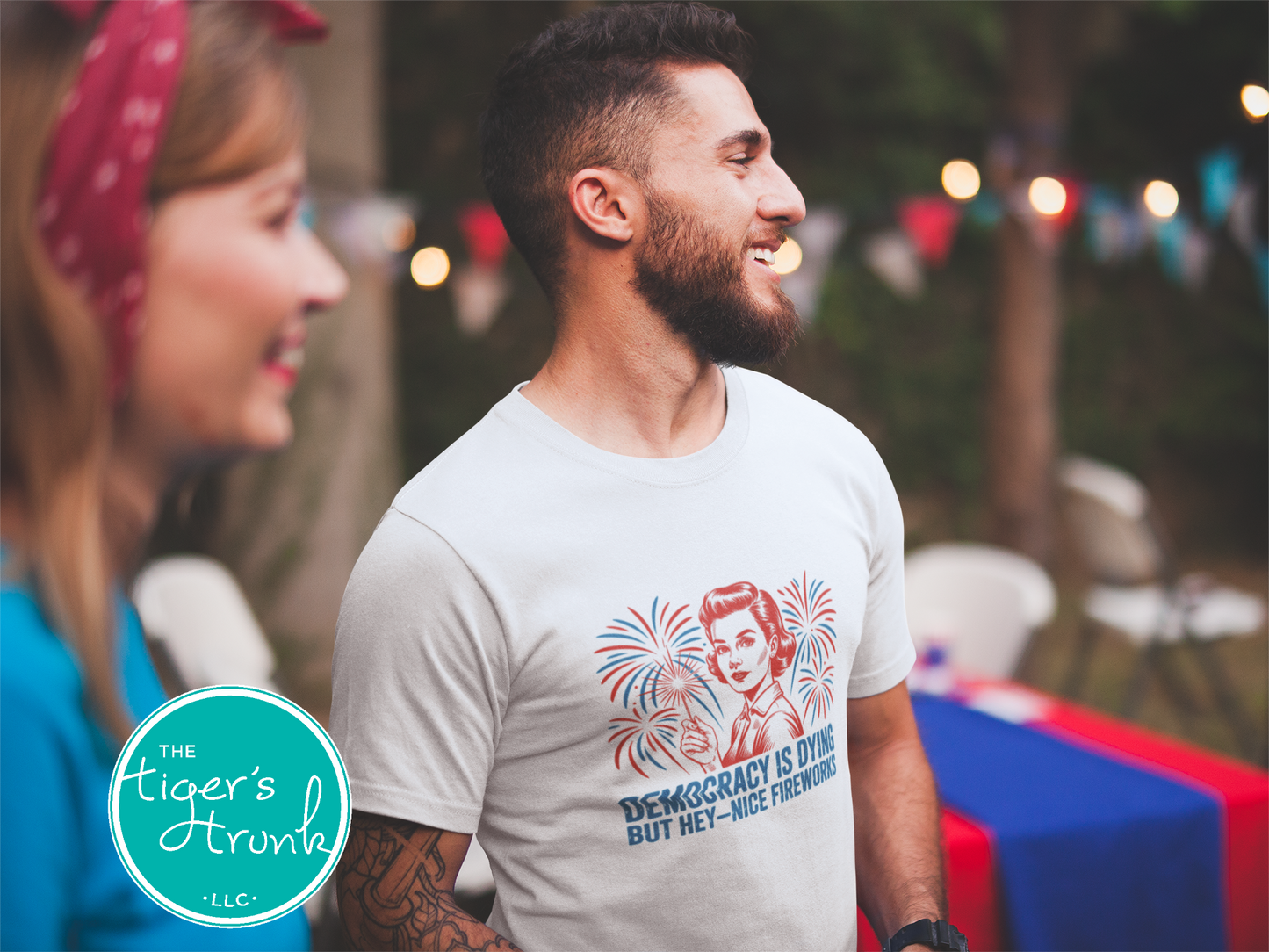 Darkly funny t-shirt that reads Democracy Is Dying But Hey, Nice Fireworks, perfect for sarcastic Independence Day wear