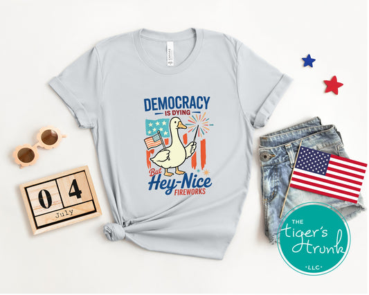 Funny Fourth of July t-shirt with goose holding sparkler and flag, reading Democracy Is Dying But Hey, Nice Fireworks