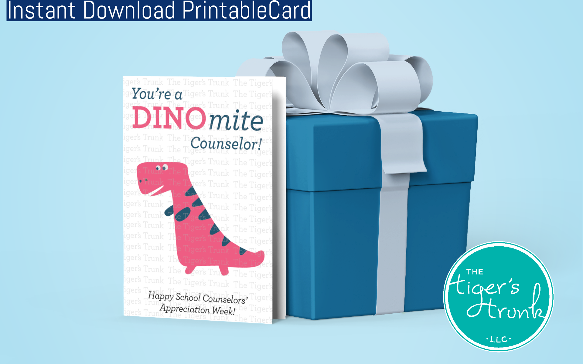 Printable dinosaur-themed counselor appreciation card with a fun thank-you message, perfect for school counselors.