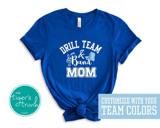 Blue t-shirt with 'Drill Team & Band Mom' text on a white background