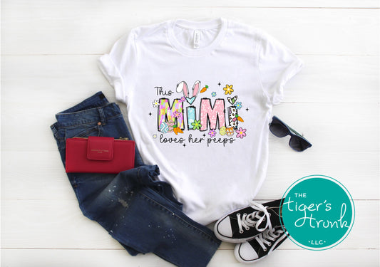 Easter t-shirt with "Mimi" in pastel spring print font, featuring bunnies and florals, perfect for holiday photos and egg hunts